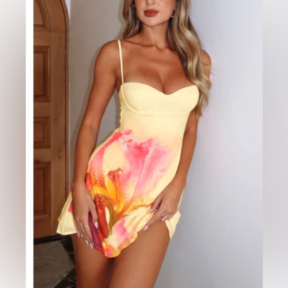 Elegant Yellow and Pink Floral Dress